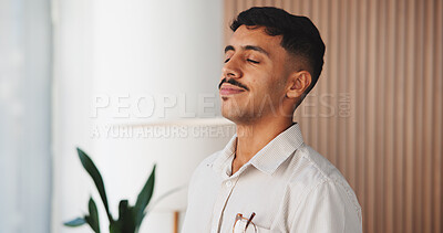 Buy stock photo Man, thinking and reflection in office at startup with break, mindset or tired at media company. Person, writer and perspective with eyes closed, inspiration or breathing with rest at creative agency