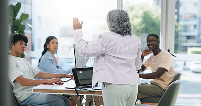 Buy stock photo Meeting, speaker and workshop with business people in office for it analysis, data solution or team. Software upgrade, collaboration and research with employees in tech agency for programmer planning