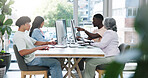 Meeting, computer and workshop with business people in office for it analysis, data solution or team. Software upgrade, collaboration or research with employees in tech agency for programmer planning