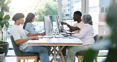 Buy stock photo Meeting, computer and workshop with business people in office for it analysis, coworking or team. Software upgrade, collaboration or research with employees in tech agency for programmer planning