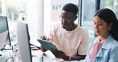 Buy stock photo People, discussion and tablet in office with computer, writing web design notes or programming project. Digital designer, team and tech with planning, software development and collaboration for site.