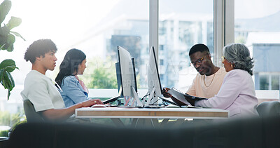 Buy stock photo Meeting, computer and team with business people in office for it analysis, data solution or workshop. Software upgrade, collaboration or research with employees in tech agency for programmer planning