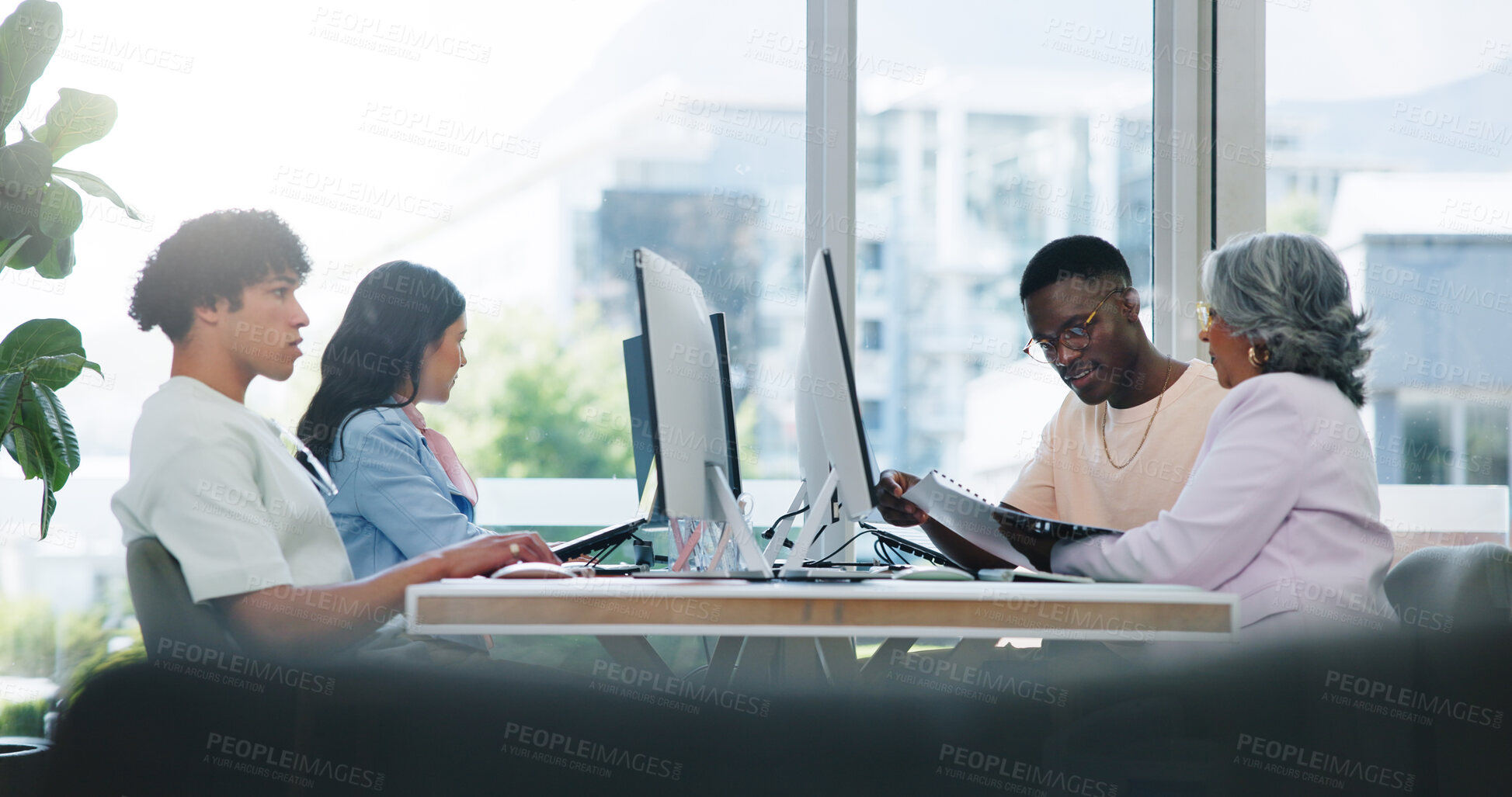 Buy stock photo Meeting, computer and team with business people in office for it analysis, data solution or workshop. Software upgrade, collaboration or research with employees in tech agency for programmer planning