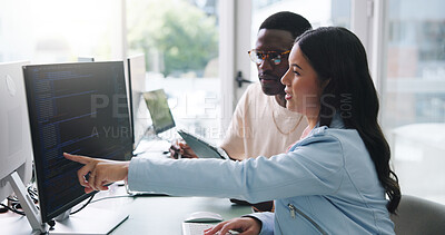 Buy stock photo People, software developer and conversation in office with computer, tablet or advice for web design. Digital designer, team and point in workplace with tech, programming idea or discussion for site.