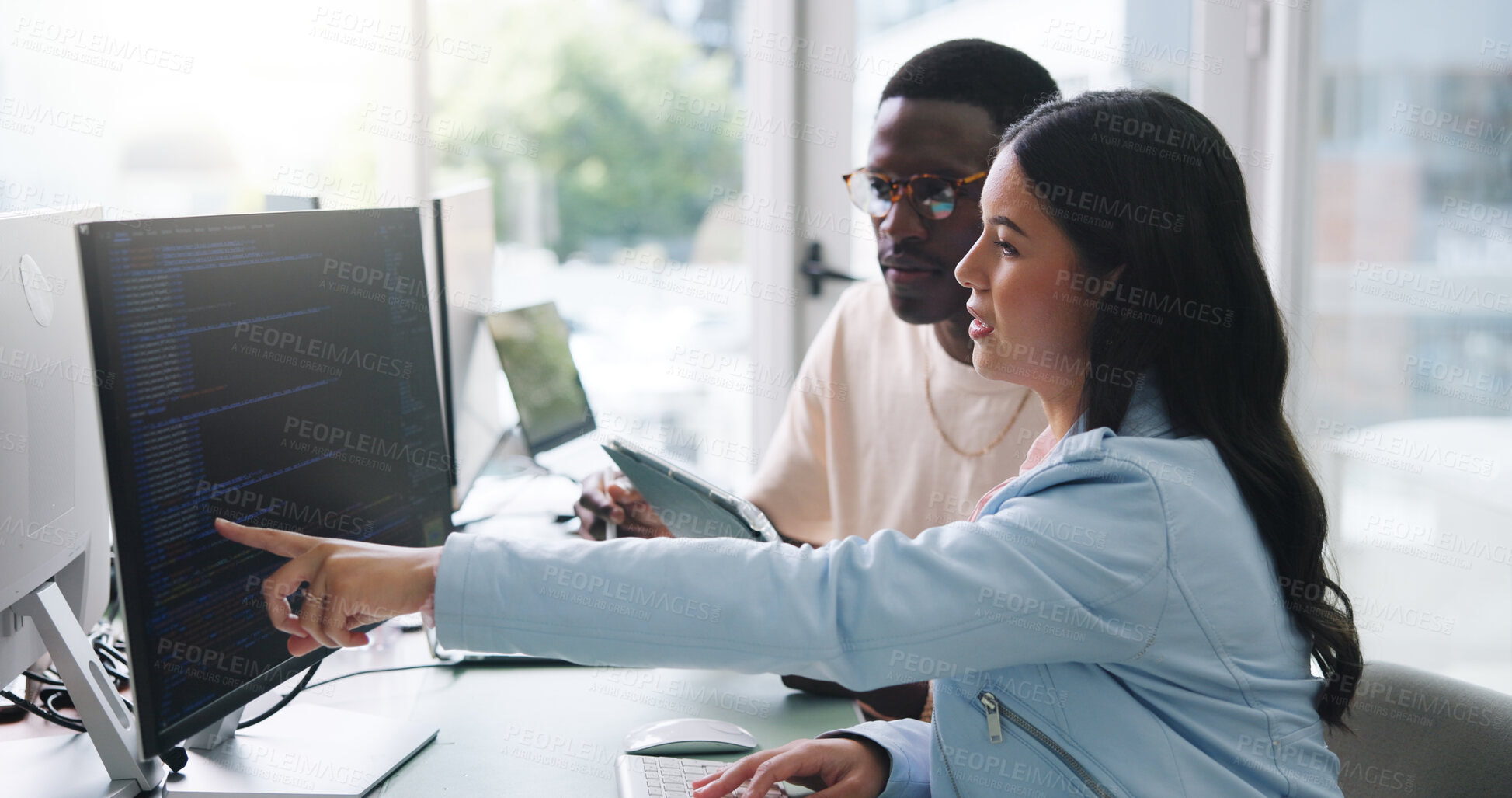 Buy stock photo People, software developer and conversation in office with computer, tablet or advice for web design. Digital designer, team and point in workplace with tech, programming idea or discussion for site.