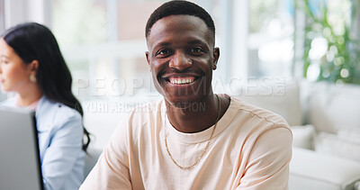 Buy stock photo Portrait, businessman and smile in office for publishing, consultant and coworking with computer. Happy, journalist person and pride with tech for project management, research or creative opportunity