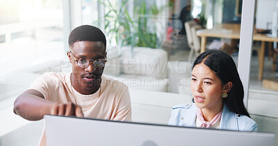 Buy stock photo People, planning and conversation in office with computer, web design advice or software development. Digital designer, team and point in workplace with tech, programming idea or discussion for site.