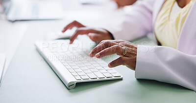 Buy stock photo Typing, online and hands with computer, office and research for article with keyboard or journalism. Media, reporter for person with tech for story publication, creative and productivity in newsroom