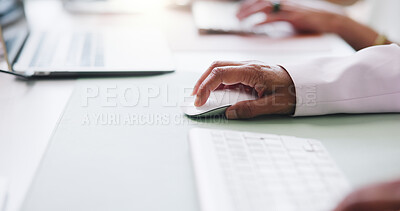 Buy stock photo Online, mouse and hands with computer, office and research for article with keyboard and journalism. Media, reporter for person with tech for story publication, creative and productivity in newsroom