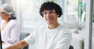 Buy stock photo Portrait, businessman and smile in office for consultant, publishing and coworking with computer. Happy, journalist person and pride with tech for project management, research or creative opportunity
