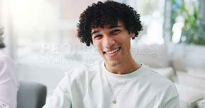 Buy stock photo Portrait, creative man and smile in office for review, consultant and coworking with journalist. Happy, publishing person and pride with ambition for project management, newsroom and opportunity