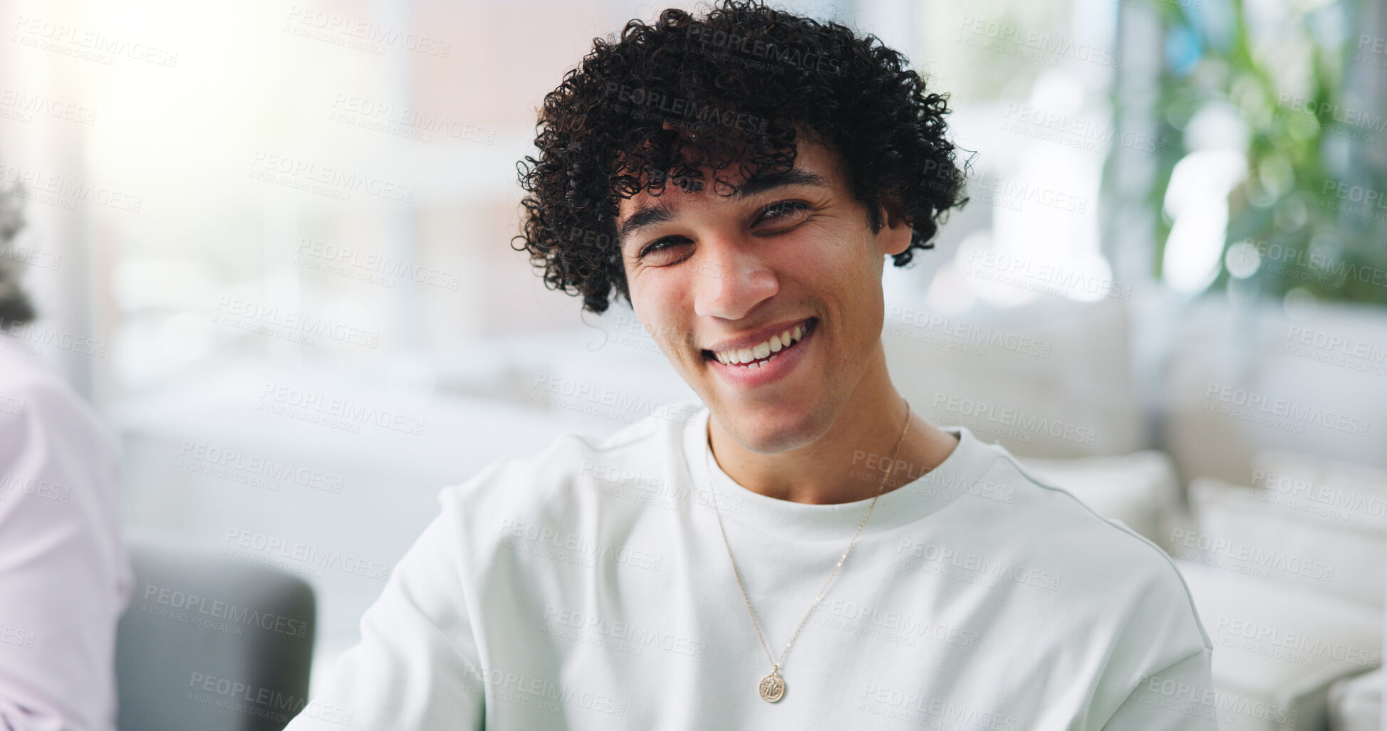 Buy stock photo Portrait, creative man and smile in office for review, consultant and coworking with journalist. Happy, publishing person and pride with ambition for project management, newsroom and opportunity