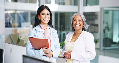 Buy stock photo Portrait, business women and smile in office for accounting, consultant and coworking with team. Happy, female people and pride with mentor for finance management, investment training and opportunity