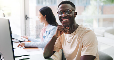 Buy stock photo Portrait, businessman and smile in office for journalist, consultant and coworking with computer. Happy, creative person and pride with tech for project management, research or publishing opportunity