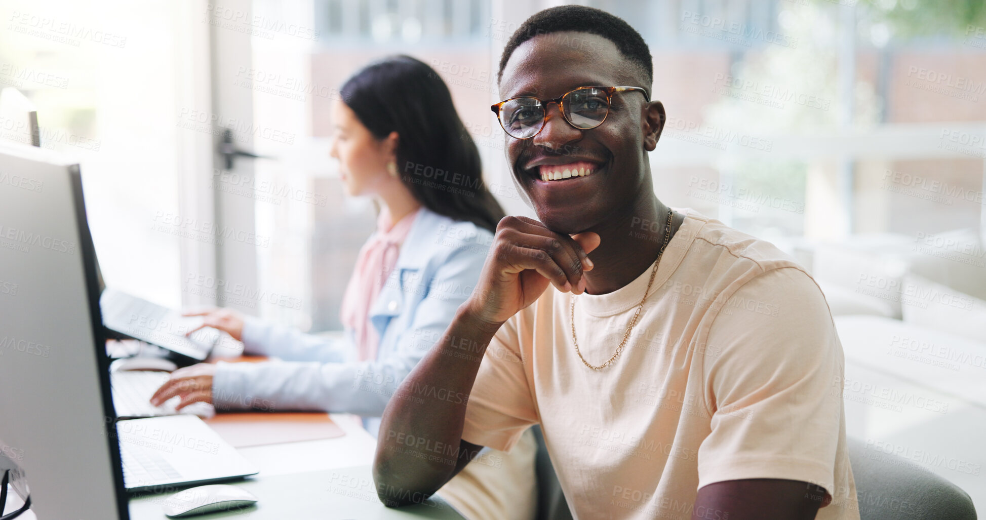 Buy stock photo Portrait, businessman and smile in office for journalist, consultant and coworking with computer. Happy, creative person and pride with tech for project management, research or publishing opportunity