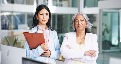 Buy stock photo Team, portrait and serious with business people in office for publisher, magazine editor and about us. Writing mentor, collaboration and journalist reviewer with women in media agency for partnership