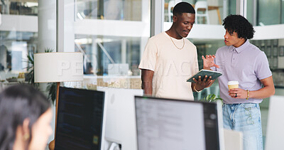 Buy stock photo Men, coffee and conversation in office with tablet, idea or collaboration for digital marketing project. People, teamwork and tech in workplace with drink, advertising strategy and plan for campaign.