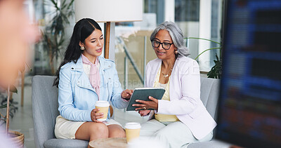 Buy stock photo Discussion, business women and tablet in office for accounting, consultant and coffee with team. Meeting, employees and help with mentor for finance management, investment training and opportunity