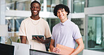 Portrait, business men and smile in office for accounting, consultant and coworking with tablet. Happy, team and pride with tech for finance management, investment review and training opportunity