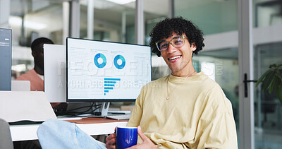 Buy stock photo Portrait, creative man and smile in office with computer, graphs and coworking for journalist. Happy, business person and pride with tech for project management, story analytics and opportunity