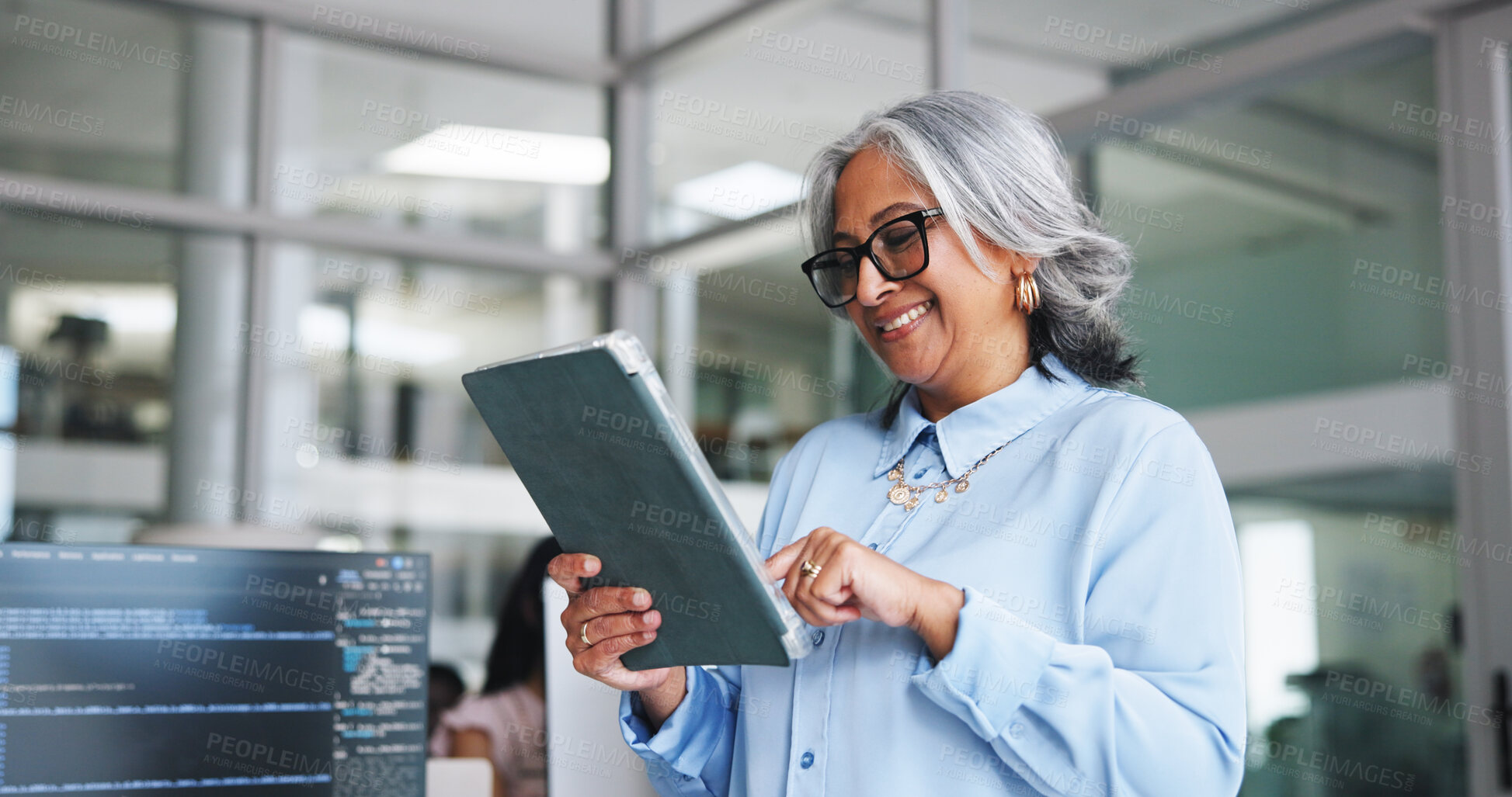 Buy stock photo Smile, woman and tablet for programming in office for research, software manual and coding. Mature person, digital app and troubleshooting for website maintenance, debugging system and server update