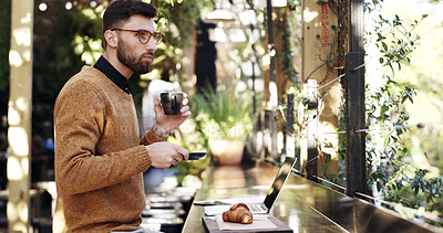 Buy stock photo Coffee, remote work and thinking with businessman at restaurant for small business research. Drink, idea and planning with freelance employee at outdoor cafe for startup development or solution
