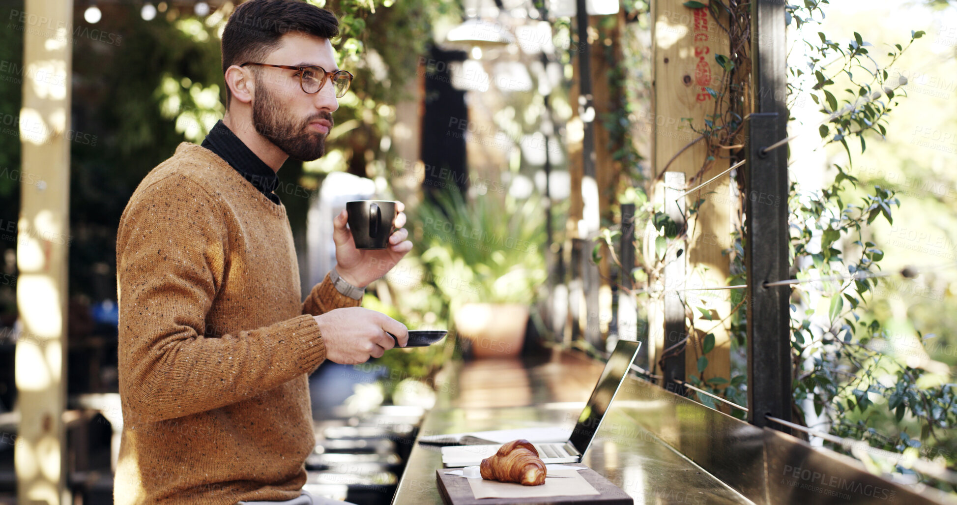 Buy stock photo Coffee, remote work and thinking with businessman at restaurant for small business research. Drink, idea and planning with freelance employee at outdoor cafe for startup development or solution