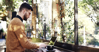 Buy stock photo Laptop, remote work and report with businessman in coffee shop for small business research. Computer, planning and typing with freelance employee at outdoor cafe or restaurant for startup development