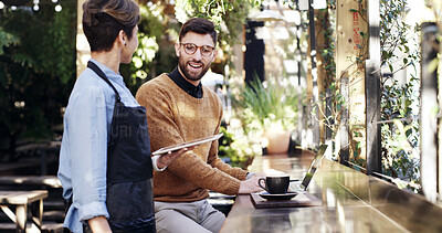 Buy stock photo Man, freelancer and server with tablet at cafe for online menu, order price or digital payment. Male person, smile and waitress with tech for customer service, review receipt and hospitality industry