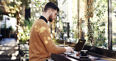 Buy stock photo Laptop, planning and remote work with businessman in coffee shop for small business research. Computer, report and typing with freelance employee at outdoor cafe or restaurant for startup development