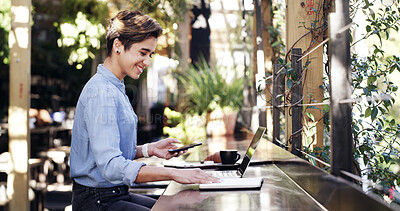 Buy stock photo Notebook, phone and remote work with businesswoman in coffee shop for small business research. App, planning and reading with freelance employee at outdoor cafe or restaurant for startup development