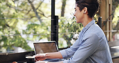 Buy stock photo Coffee, laptop and remote work with businesswoman at restaurant for small business research. Computer, drink and planning with happy freelance employee at outdoor cafe for startup development