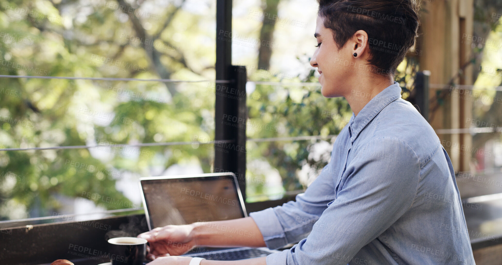 Buy stock photo Coffee, laptop and remote work with businesswoman at restaurant for small business research. Computer, drink and planning with happy freelance employee at outdoor cafe for startup development