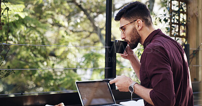 Buy stock photo Remote work, laptop or man at cafe with coffee, draft edit or source feedback for article. Freelance, tech or journalist in restaurant with mug, blog fact check or industry research for publication.