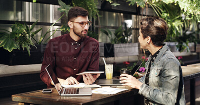 Buy stock photo Cafe, meeting and business people with freelance, discussion or b2b networking for website. Conversation, teamwork and coffee shop communication with technology for remote work and project ideas