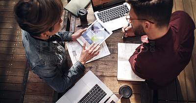 Buy stock photo Above, meeting and business people with cafe, remote work or b2b networking for website. Discussion, freelance teamwork and coffee shop communication with technology for conversation or project ideas