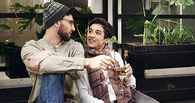 Buy stock photo Happy, wine and couple outdoor at restaurant for date on holiday together with bonding and connection. Smile, conversation and man with woman for drinking alcohol beverage at cafe on vacation.