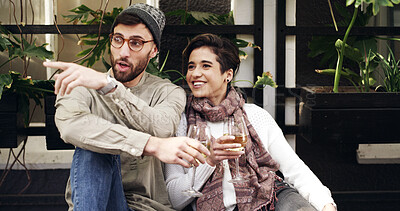 Buy stock photo Smile, wine and couple outdoor at restaurant for date on holiday together with bonding and connection. Happy, conversation and man with woman for drinking alcohol beverage at cafe on vacation.