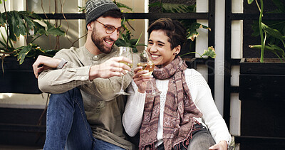 Buy stock photo Cheers, wine and couple outdoor at restaurant for date on holiday together with bonding and connection. Happy, conversation and man with woman for drinking alcohol beverage at cafe on vacation.