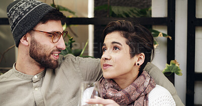 Buy stock photo Love, wine and couple outdoor at restaurant for date on holiday together with bonding and connection. Smile, conversation and man with woman for drinking alcohol beverage at cafe on vacation.