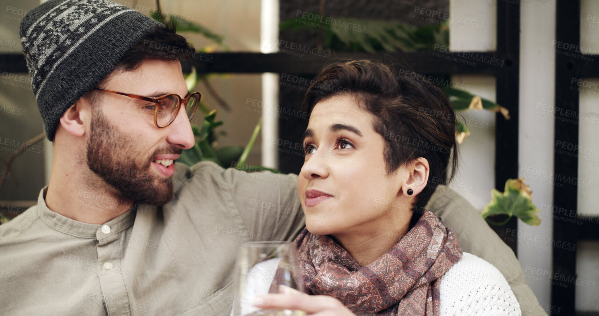 Buy stock photo Love, wine and couple outdoor at restaurant for date on holiday together with bonding and connection. Smile, conversation and man with woman for drinking alcohol beverage at cafe on vacation.