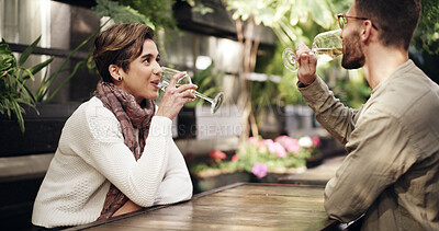 Buy stock photo Love, drink or couple in in restaurant with champagne, connection or bonding together on anniversary. Romance, partner and people with alcohol, honeymoon or bistro date in healthy relationship.