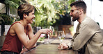 Love, laugh or couple in in bistro with wine, connection or bonding together on anniversary. Happy, partner or people in restaurant with alcohol, funny chat or romantic date in healthy relationship.