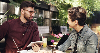 Buy stock photo Review, meeting and business people with coffee shop, remote work or b2b networking for website. Discussion, freelance teamwork or cafe communication with technology for conversation or project ideas