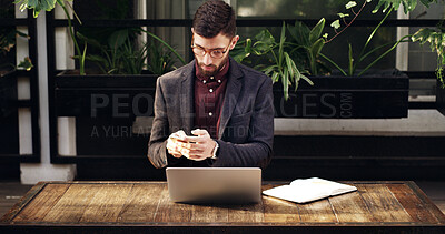 Buy stock photo Texting, online and man with smartphone, cafe and feedback for article on web, scroll or remote work. Browsing, mobile and person with tech for project, journalist and communication with contact