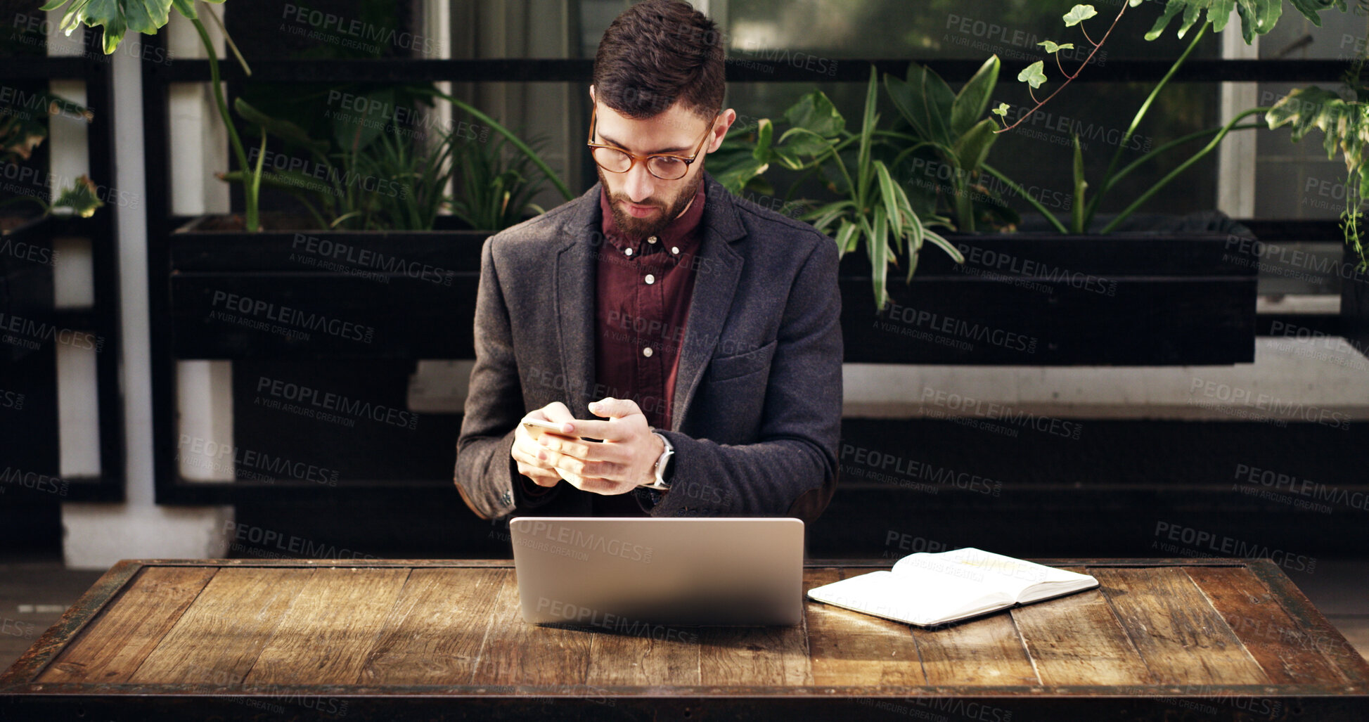 Buy stock photo Texting, online and man with smartphone, cafe and feedback for article on web, scroll or remote work. Browsing, mobile and person with tech for project, journalist and communication with contact