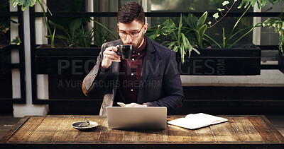 Buy stock photo Remote work, laptop or journalist at cafe with coffee, draft edit or source feedback for article. Freelance, tech or man in restaurant with cup, blog fact check or industry research for publication.