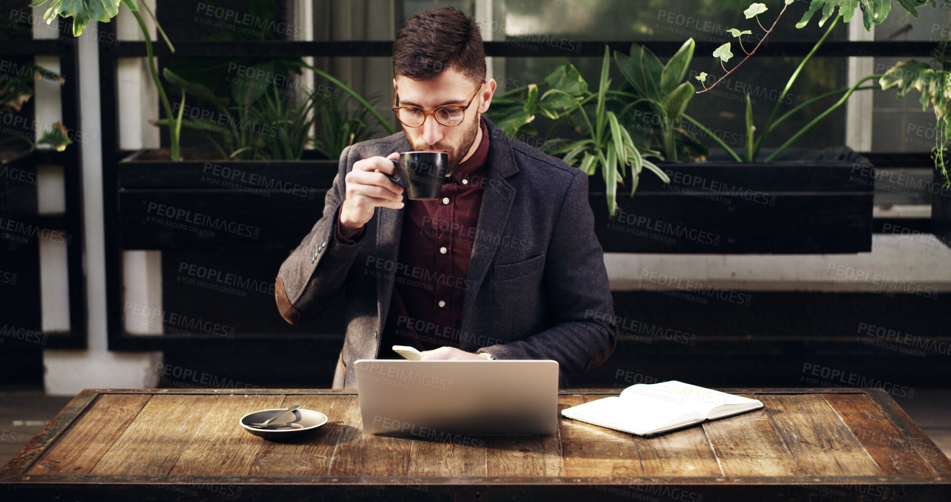 Buy stock photo Remote work, laptop or journalist at cafe with coffee, draft edit or source feedback for article. Freelance, tech or man in restaurant with cup, blog fact check or industry research for publication.