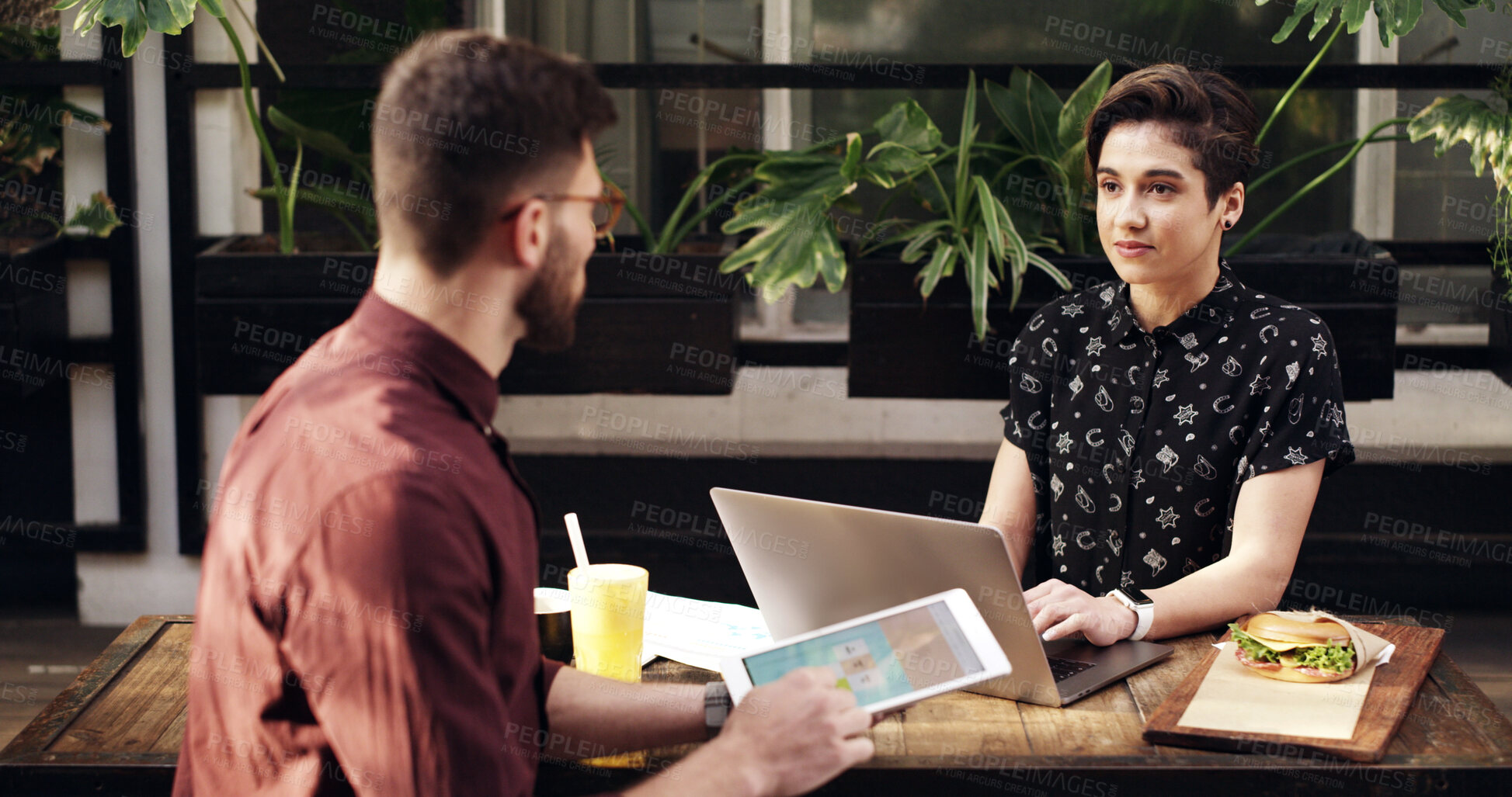 Buy stock photo Tablet, meeting and business people with coffee shop, remote work or b2b networking for website. Discussion, freelance teamwork or cafe communication with technology for conversation or project ideas