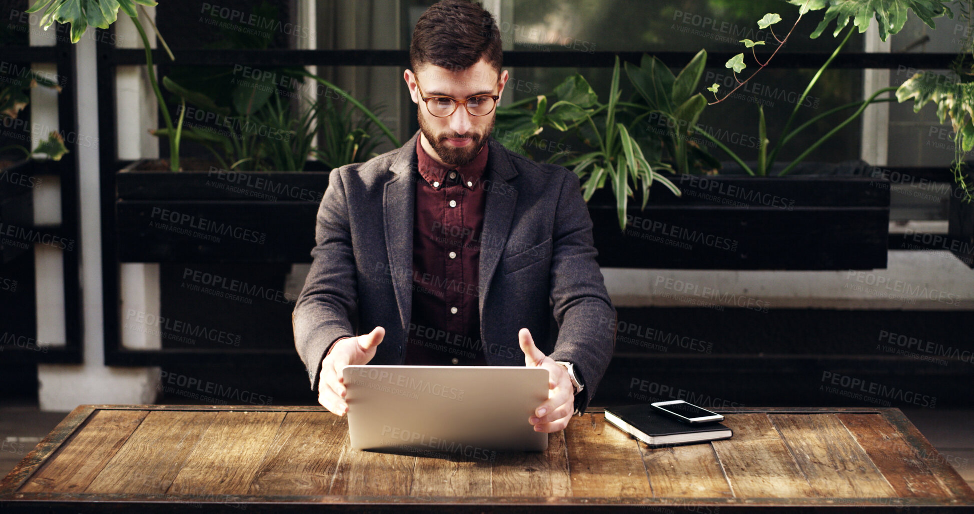 Buy stock photo Documents, laptop and businessman in office with research for finance project with report. Tech, paperwork and male financial manager with planning investment proposal on computer in workplace.